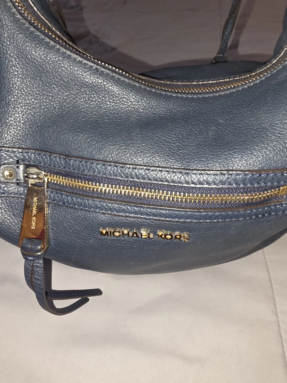 Michael Kors Rhea Blue Pebbled Leather Zipper Pocket Hobo Shoulder Bag